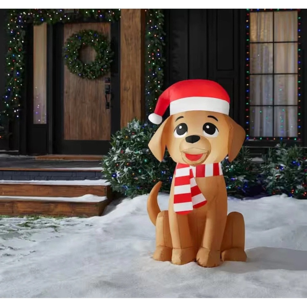3.5 FT Christmas Inflatable Golden Retriever Dog Santa Hat Scarf LED Lights
